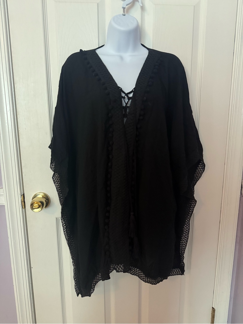 Black Lace-Up Pom Pom Tunic Top
